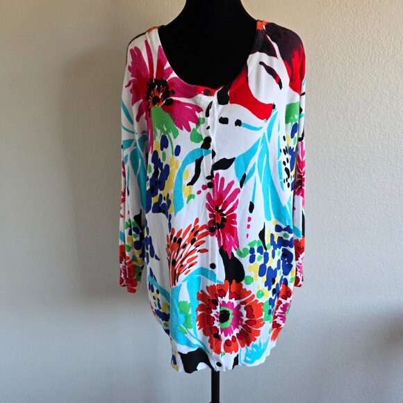 NEW Joseph A Sweater Cardigan Button Soft Artsy Floral Colorful Plus Size 1X - Picture 1 of 8